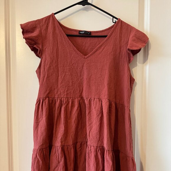 SHEIN Tiered Babydoll Dress — Rusty Coral, Size L - Picture 1 of 3